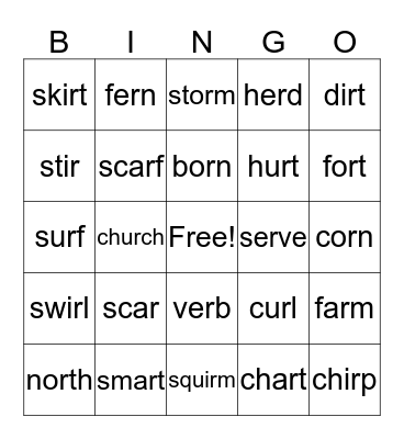 R contolled vowels Bingo Card