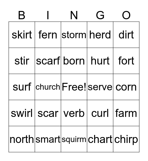 R contolled vowels Bingo Card