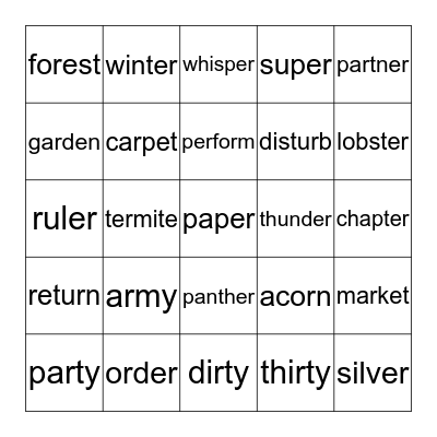 2 syllable R controlled vowels Bingo Card