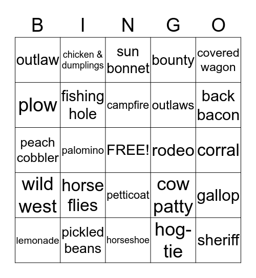 Rootin Tootin Cowboy Bingo Card