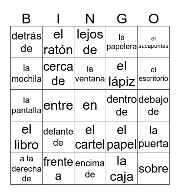 PREPOSICIONES DE LUGAR Y ORIENTACION Bingo Card