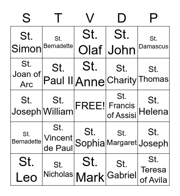 Catholic Saints Bingo Card