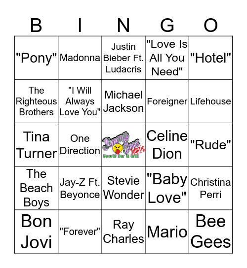 Jimmy Geez Music Bingo - Valentine's Day! Bingo Card