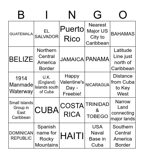 Central America & Caribbean (2) Bingo Card