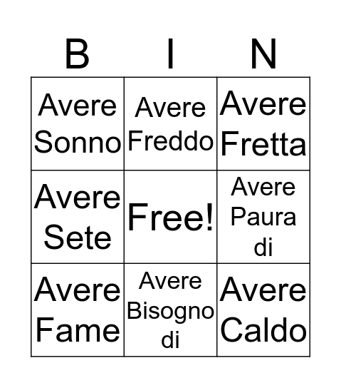 Le Espressioni con Avere  Bingo Card