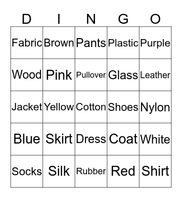 ASL I Colors, Items of Clothing and Others Bingo Card
