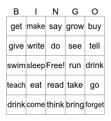 Past tense verbs Bingo Card