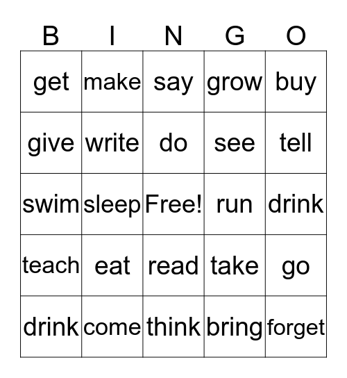 Past tense verbs Bingo Card