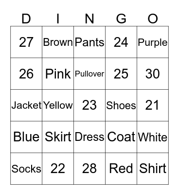 ASL I Colors and Numbers 21-30 Bingo Card