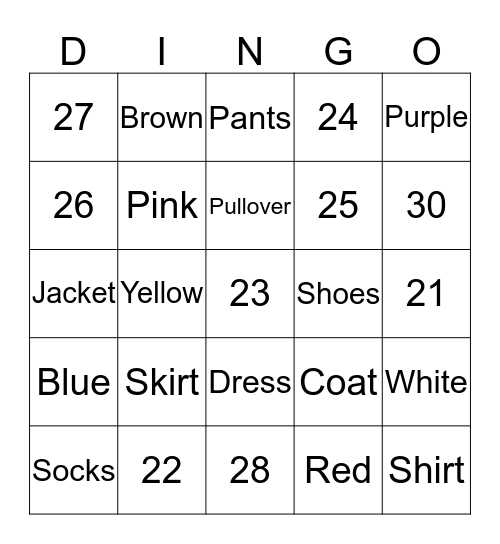 ASL I Colors and Numbers 21-30 Bingo Card