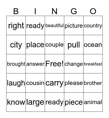 SIGHT WORDS Bingo Card