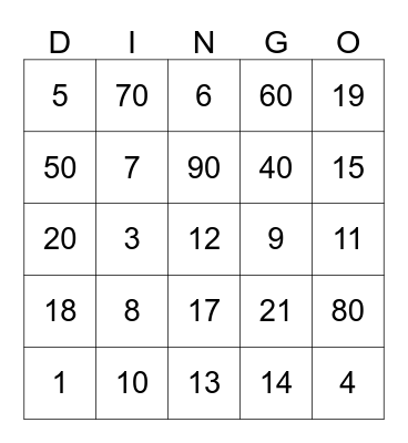 ASL I Numbers 1-21 and Increments of 10 Bingo Card