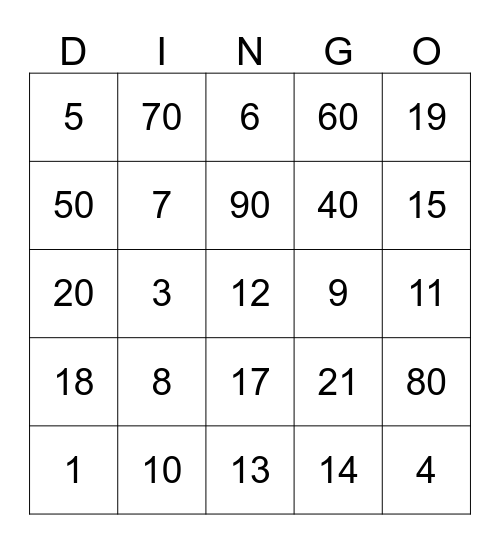 ASL I Numbers 1-21 and Increments of 10 Bingo Card