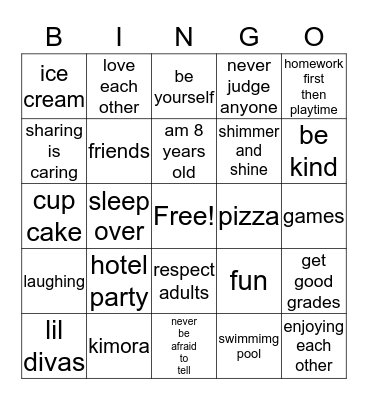 KIMORA'S HOTEL PARTY Bingo Card