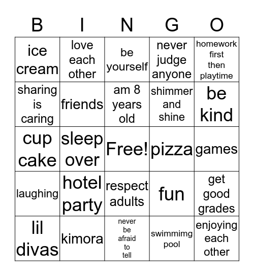 KIMORA'S HOTEL PARTY Bingo Card