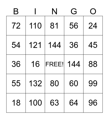 Multiplication Facts Review Bingo Card