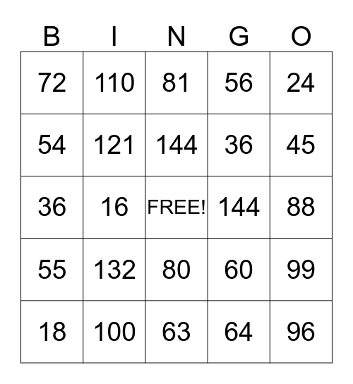 Multiplication Facts Review Bingo Card