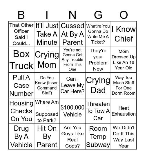 Dorm Move In 2018 Bingo Card