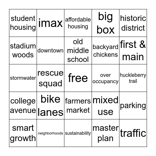 Blacksburg Town Council Bingo Card