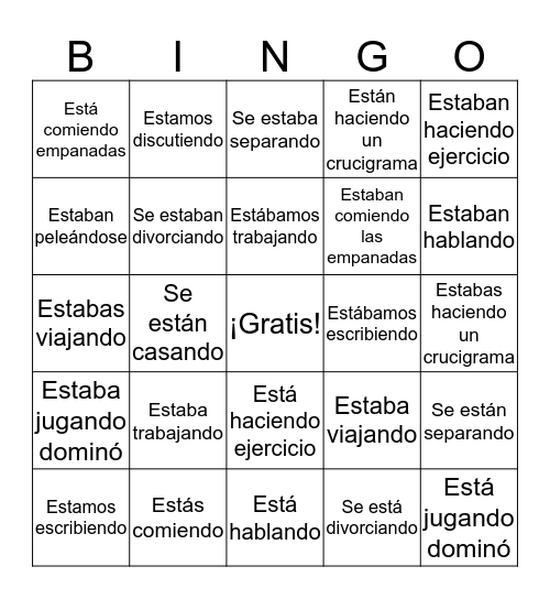 Sp3 Ch4 Pasado progresivo y presente progresivo  Bingo Card