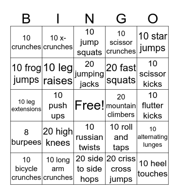 Fitness Bingo Card