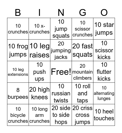 Fitness Bingo Card