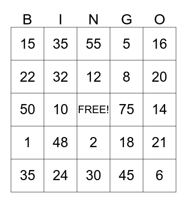 Math BINGO Card