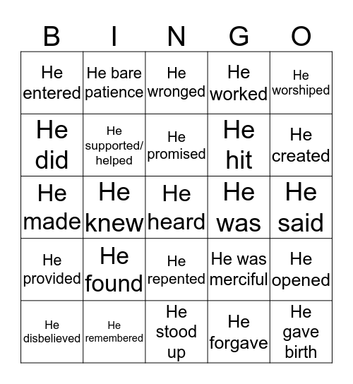 The most repeated words in Quran Bingo Card