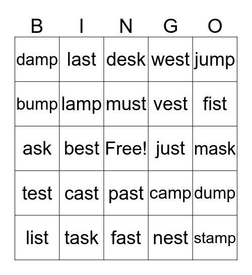 -st, -sk, -mp words Bingo Card