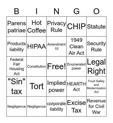 Quiz 2 Bingo: Healthy Policy as Law Bingo Card