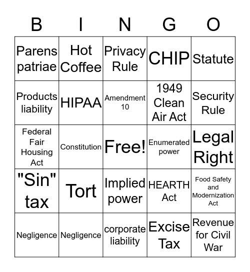 Quiz 2 Bingo: Healthy Policy as Law Bingo Card