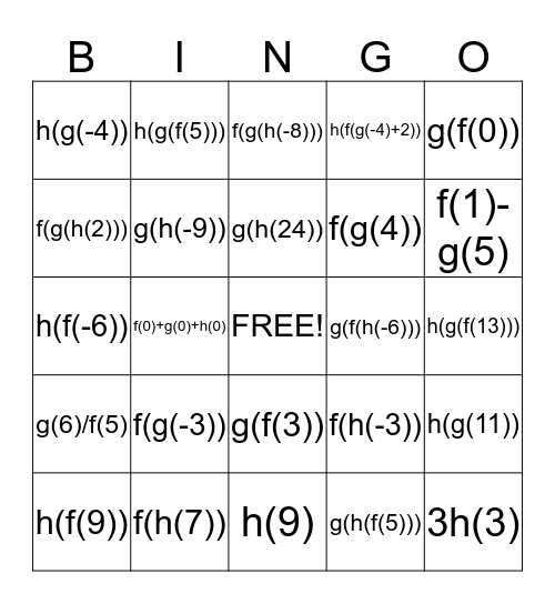 Composite Function Bingo Card