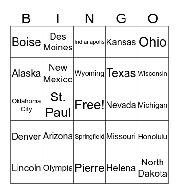 States and Capitals Bingo Pt. 2 Bingo Card