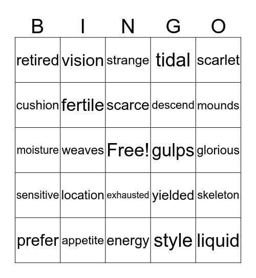 Vocabulary Bingo Card