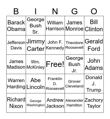 American Presidentsl Bingo Card