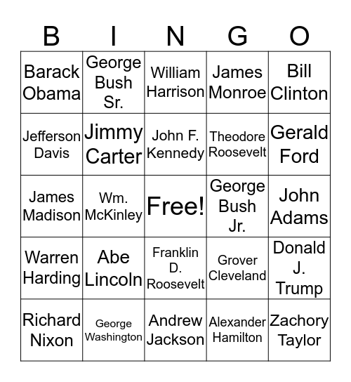 American Presidentsl Bingo Card