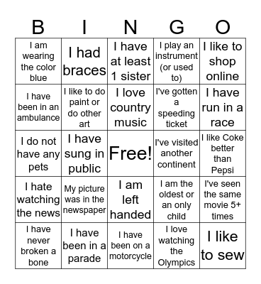 Life Experience Bingo! Bingo Card