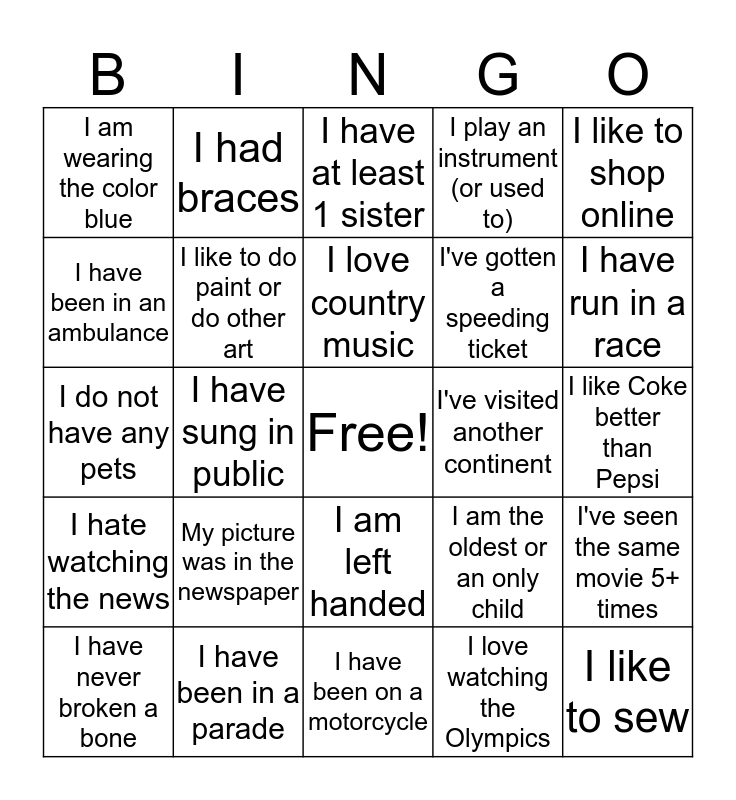 Life Experience Bingo! Bingo Card