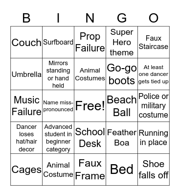 Dance Competition Bingo Card