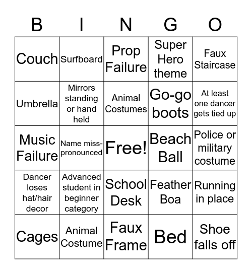 Dance Competition Bingo Card