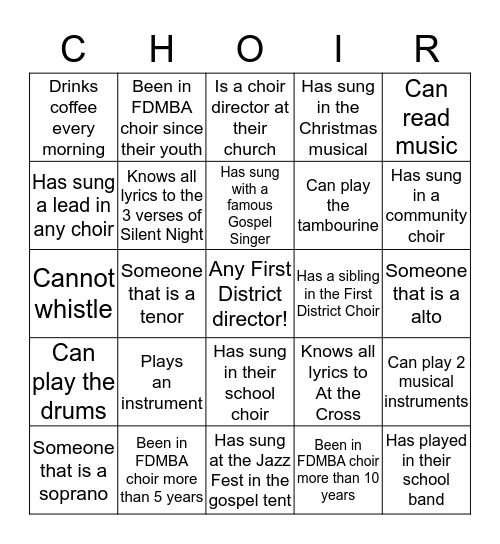 Getting to know your choir members! Bingo Card