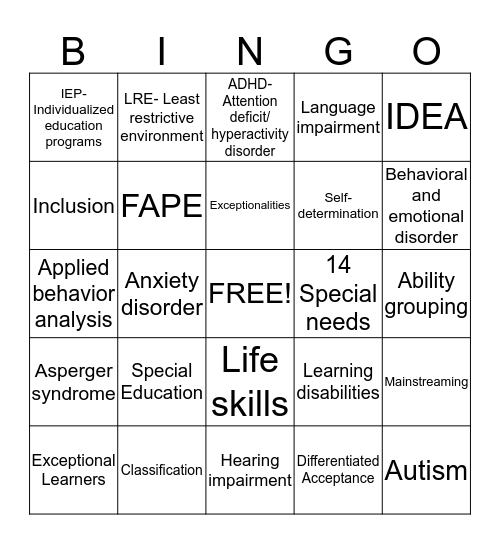 Exceptionalities Bingo Card