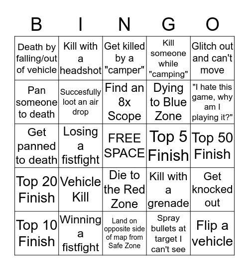 PUBG BINGO Card