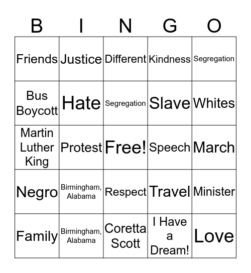 Our Friend Martin Bingo Game Bingo Card
