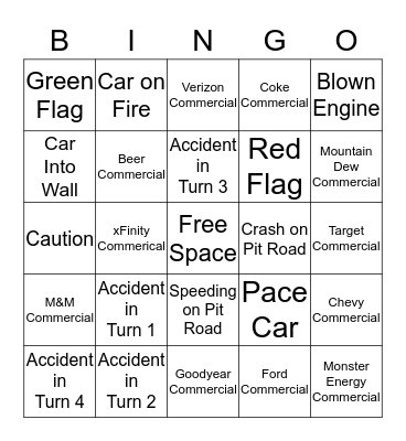 NASCAR BINGO Card