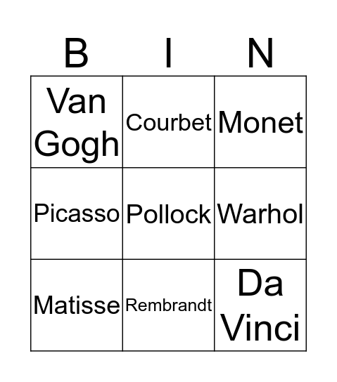 Myndlistarbingó Bingo Card