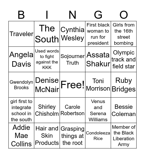 Amazing African American Women in History Bingo Card