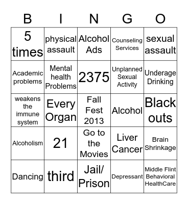 Alcohol Prevention Bingo Card