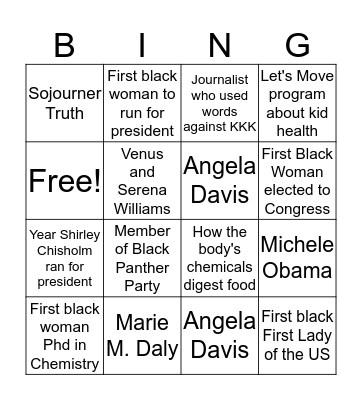 African American Women in History Bingo (grades 1-2) Bingo Card