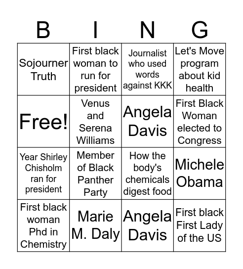 African American Women in History Bingo (grades 1-2) Bingo Card